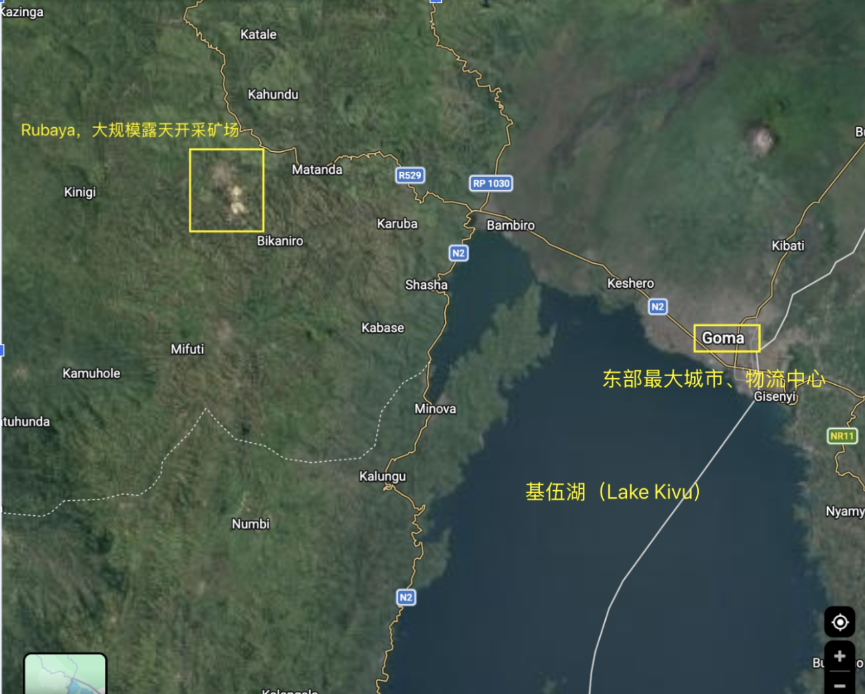 Rubaya矿区一带卫星示意